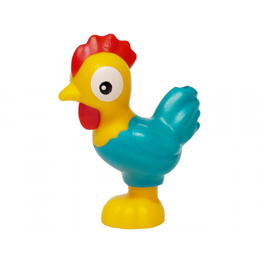 chicken moana with scalloped base with molded dark turquoise tail feathers red comb and wattle and printed black and white eyes pattern heihei