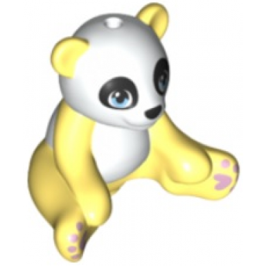bright light yellow panda friends sitting with molded white head and stomach and printed bright light blue eyes and lavender paws pattern