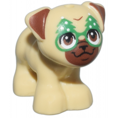 tan dog friends pug standing with reddish brown muzzle ears and eyes black nose mouth and eyelashes green and white christmas tree glasses pattern