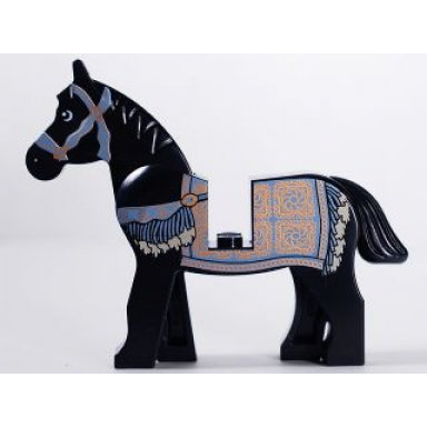 black horse prince of persia with black and white eyes white pupils and sand blue and gold bridle and persian blanket pattern aksh