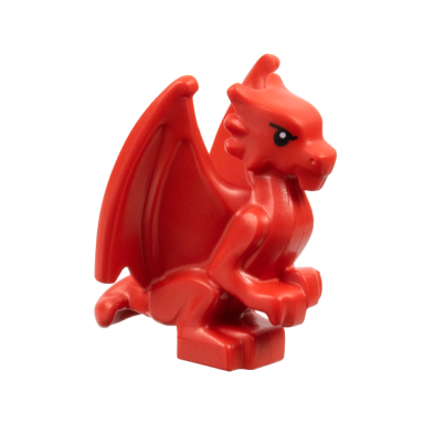 red dragon baby perched with folded wings with black eyes and eyebrows pattern