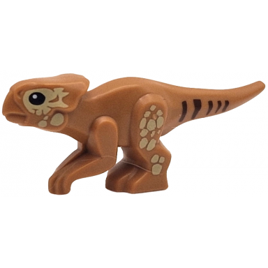 dinosaur aquilops baby standing with tan scales reddish brown stripes and black eyes pattern jurassic world dolores