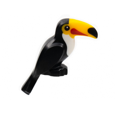 black bird toucan with molded bright light orange beak and white chest and printed eyes tip of beak and red markings pattern