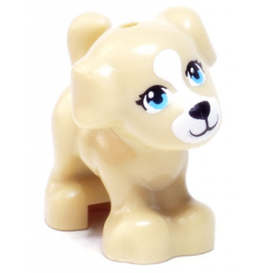tan dog friends puppy standing with medium azure eyes without outline black nose and mouth white blaze and muzzle pattern