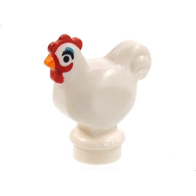 white chicken narrow base with black eyes orange beak medium blue eye shadow and red comb and wattle pattern camilla