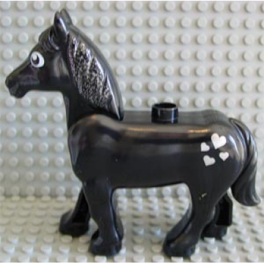 black duplo horse with movable head with silver mane and hearts pattern
