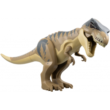 dinosaur tyrannosaurus rex with dark tan back and dark bluish gray markings