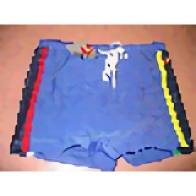 swimsuit boys blue with black red and yellow stripes pattern