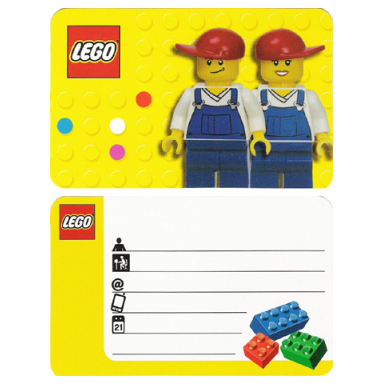 business calling card with 2 minifigures on back blank lines on front