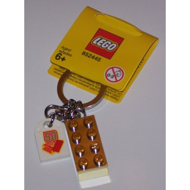 2 x 4 brick - chrome gold key chain with lego 50 year anniversary logo tile modified 3 x 2 curved with hole