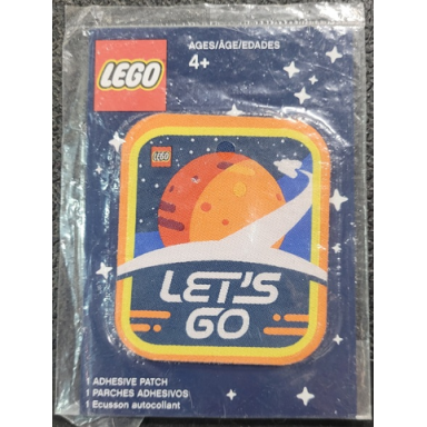 patch adhesive lets go logo with spaceship and mars in orbit