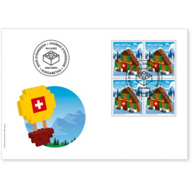 lego stamp switzerland first day cover november 11 2022 - chalet sheet of 4
