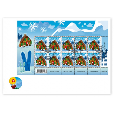 lego stamp switzerland first day cover november 11 2022 - chalet complete sheet of 10