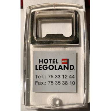 bottle opener with hotel legoland logo and phone numbers pattern