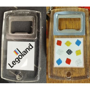 bottle opener with legoland logo and bricks pattern