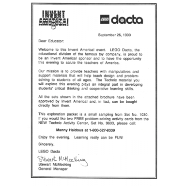 invent america! 1990 welcome letter