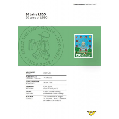 lego stamp austria 2022 - 90 years of lego information card with stamp included