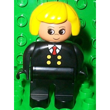 duplo figure female black legs red tie and black suit yellow hair