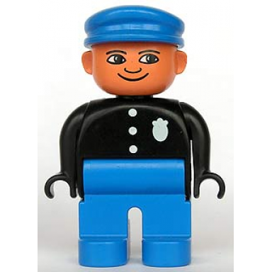 duplo figure police officer - male adult man blue legs black top with buttons and badge pattern blue hat nougat head with turned down nose