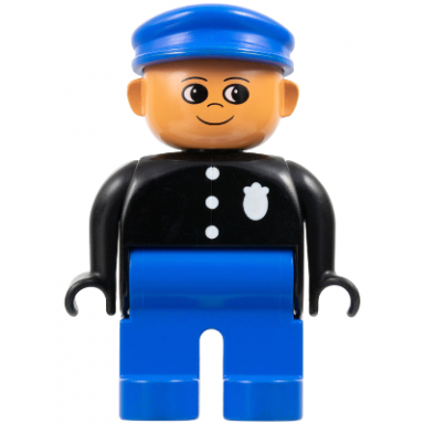 duplo figure police officer - male adult man blue legs black top with buttons and badge pattern blue hat nougat head with turned up nose 75516