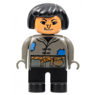 duplo figure female black legs dark gray top with blue patches black hair wart on nose tooth