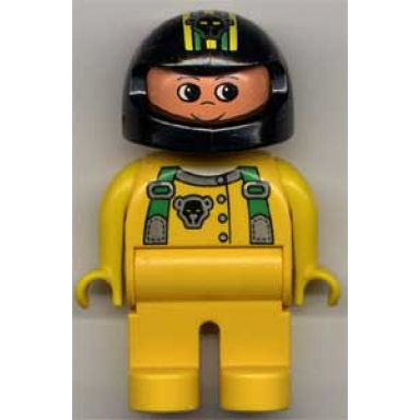 duplo figure male yellow legs yellow top with green racer suspenders black helmet with stripes and bear pattern
