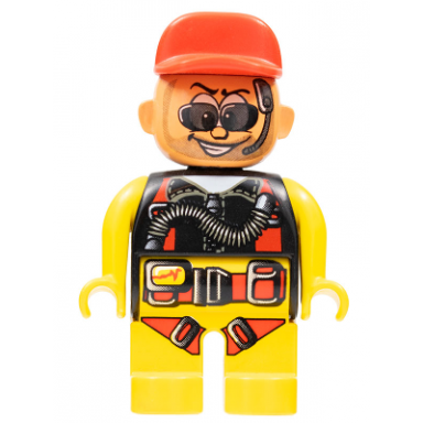 duplo figure male action wheeler yellow legs yellow top with yellow black red parachute red cap beard sunglasses and headphone