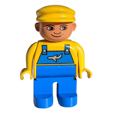 duplo figure male blue legs yellow top with blue overalls with airplane yellow cap
