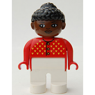duplo figure female white legs red sweater with yellow v stitching and buttons black curly hair in bun brown head