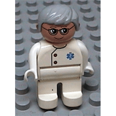 duplo figure doctor medic - male adult man white legs white top with buttons and emt star of life pattern light gray hair nougat head