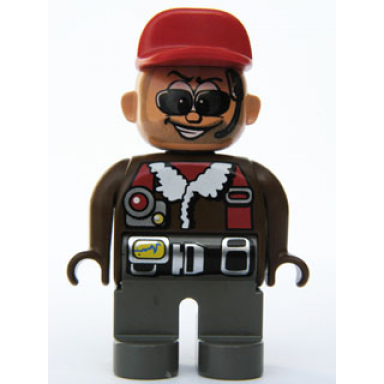 duplo figure male action wheeler dark gray legs brown top with fleece jacket black belt red cap sunglasses headphone aw aviator