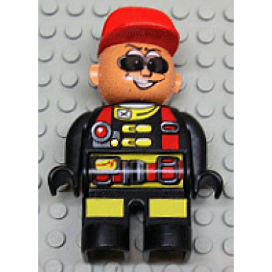 duplo figure male action wheeler black legs with yellow patches red straps sunglasses red cap
