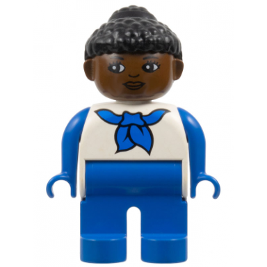 duplo figure female blue legs white top with blue sleeves and scarf black curly hair in bun brown head looking right