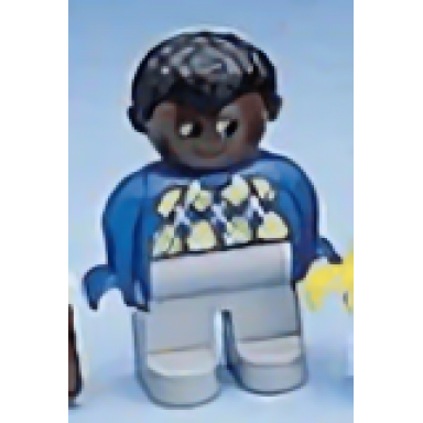 duplo figure male light gray legs blue argyle sweater black hair brown head
