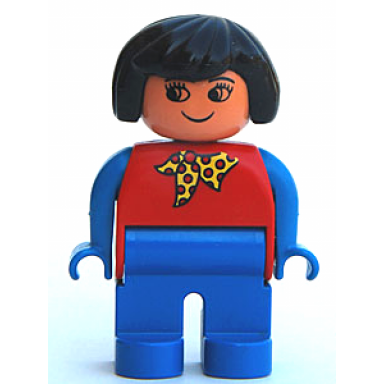 duplo figure female blue legs red top with yellow and red polka dot scarf blue arms black hair without nose