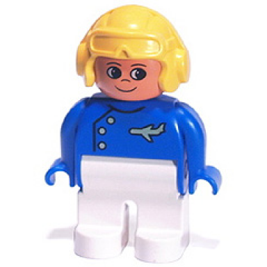 duplo figure male white legs blue top with plane logo yellow aviator helmet turned up nose