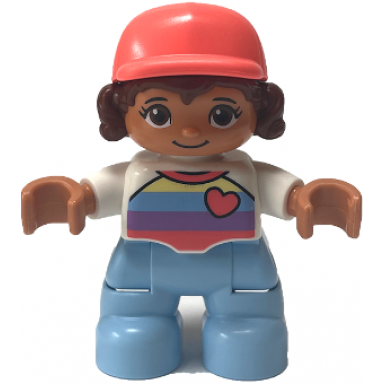 duplo figure lego ville child girl bright light blue legs white top with stripes and heart reddish brown hair coral cap