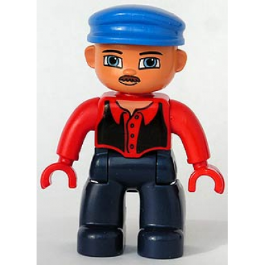 duplo figure lego ville male dark blue legs red top with black vest red hands blue cap blue eyes moustache