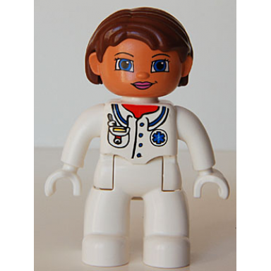 duplo figure lego ville female medic white legs white top with pocket and emt star of life pattern reddish brown hair blue eyes white hands