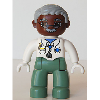 duplo figure lego ville male medic sand green legs white top with stethoscope light bluish gray hair brown head glasses moustache white hands