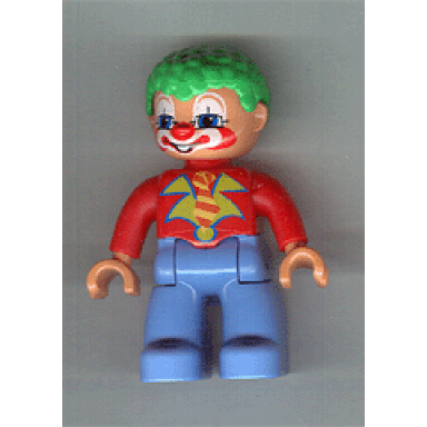 duplo figure lego ville male clown medium blue legs red top green hair