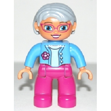 duplo figure lego ville female magenta legs medium blue top with flower light bluish gray hair blue eyes glasses