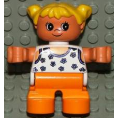 duplo figure child type 2 girl orange legs white blouse with blue flowers yellow hair pigtails