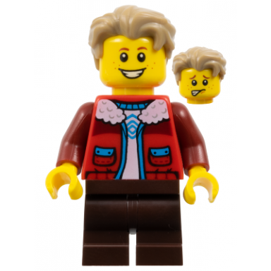 the art of chocolate customer - boy red jacket dark brown medium legs dark tan hair swept back