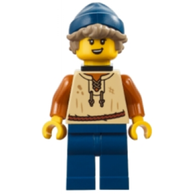 medieval seaside market fisher - female tan vest dark blue legs neck bracket dark tan hair dark blue beanie