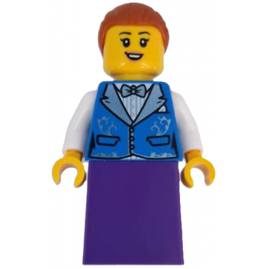 wild west train passenger - female blue vest dark purple skirt dark orange hair with bun