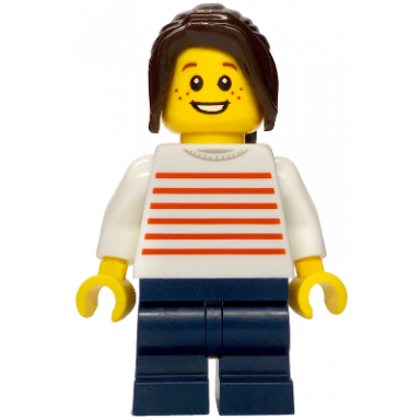 merchant boat - girl white sweater with red horizontal stripes dark blue medium legs dark brown hair ponytail long with side bangs freckles