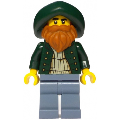merchant boat captain - male dark green open jacket sand blue legs dark green hat dark orange beard