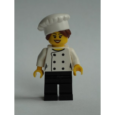 chef - black legs open mouth smile hair in bun lego house home of the brick on back female