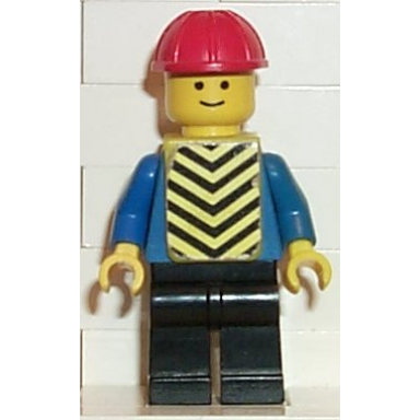 shirt with 6 buttons - blue black legs red construction helmet yellow vest with black chevrons stickers